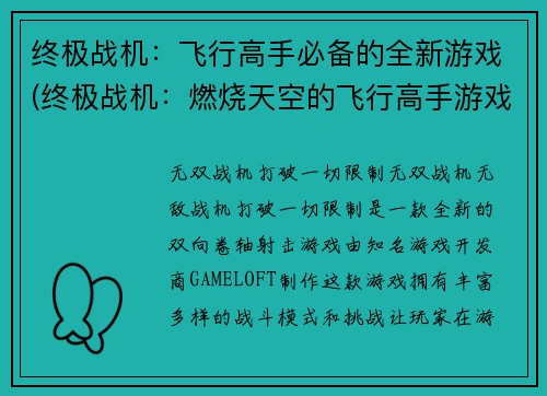 终极战机：飞行高手必备的全新游戏(终极战机：燃烧天空的飞行高手游戏续作)
